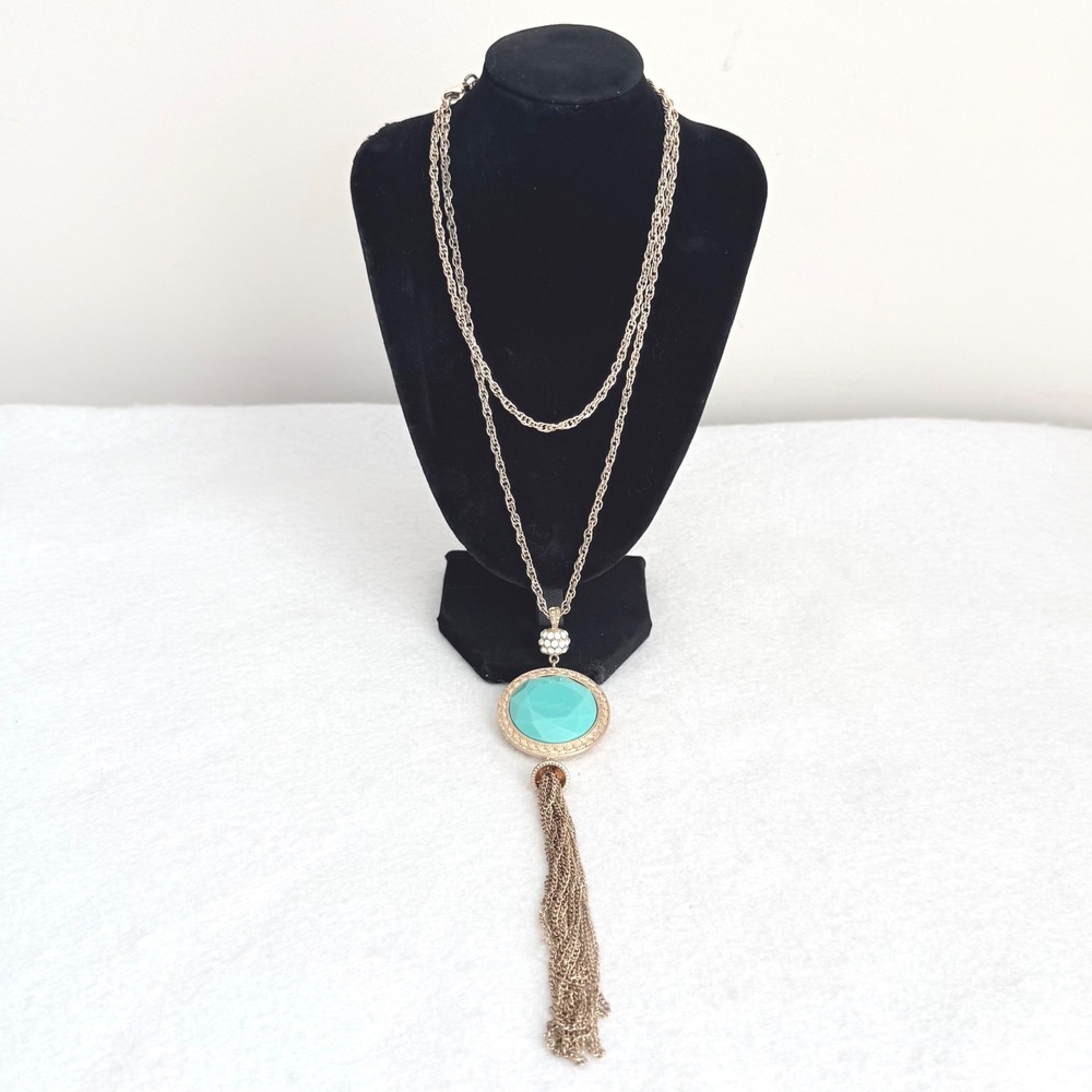 Tassel Pendant Necklace Womens Gold Turquoise Reversible Boho Layering Vintage